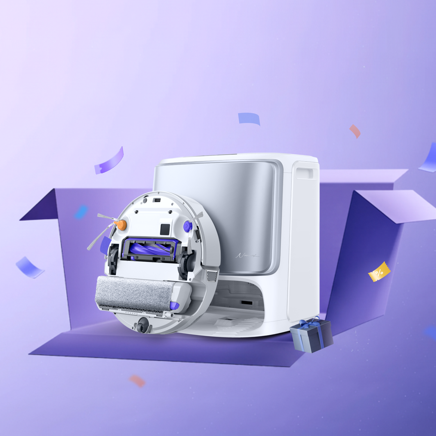 Narwal Flow robot vacuum and mop promotional display with vibrant purple background and floating confetti.