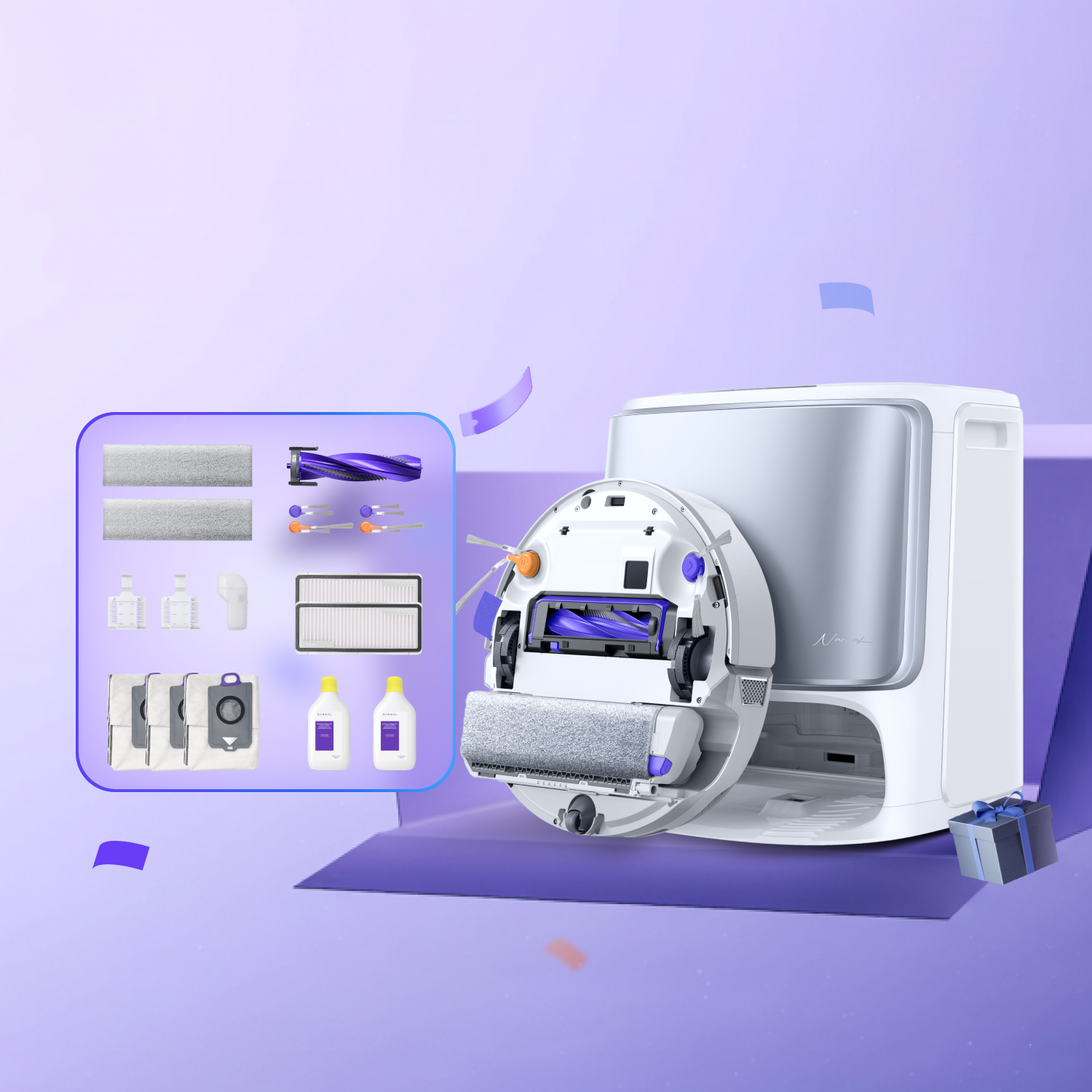 Narwal Flow robot vacuum and mop with station and accessories on purple background for product showcase.