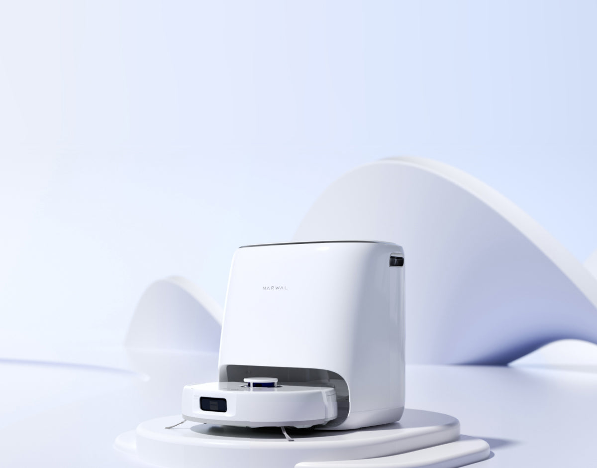 The Narwal freo x ultra robot vacuum and mop with white color on display