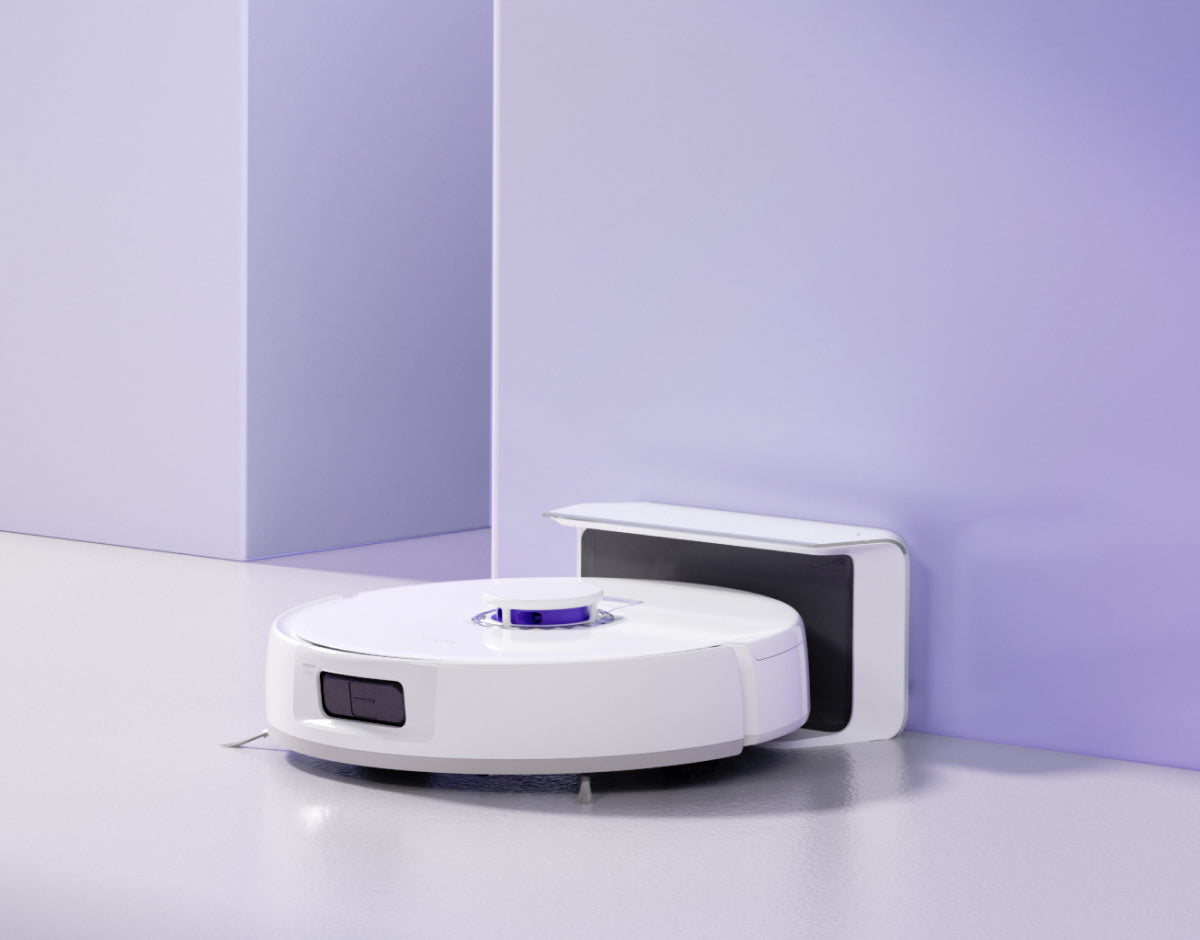This is a Narwal freo x plus robot vacuum product in a purple background.