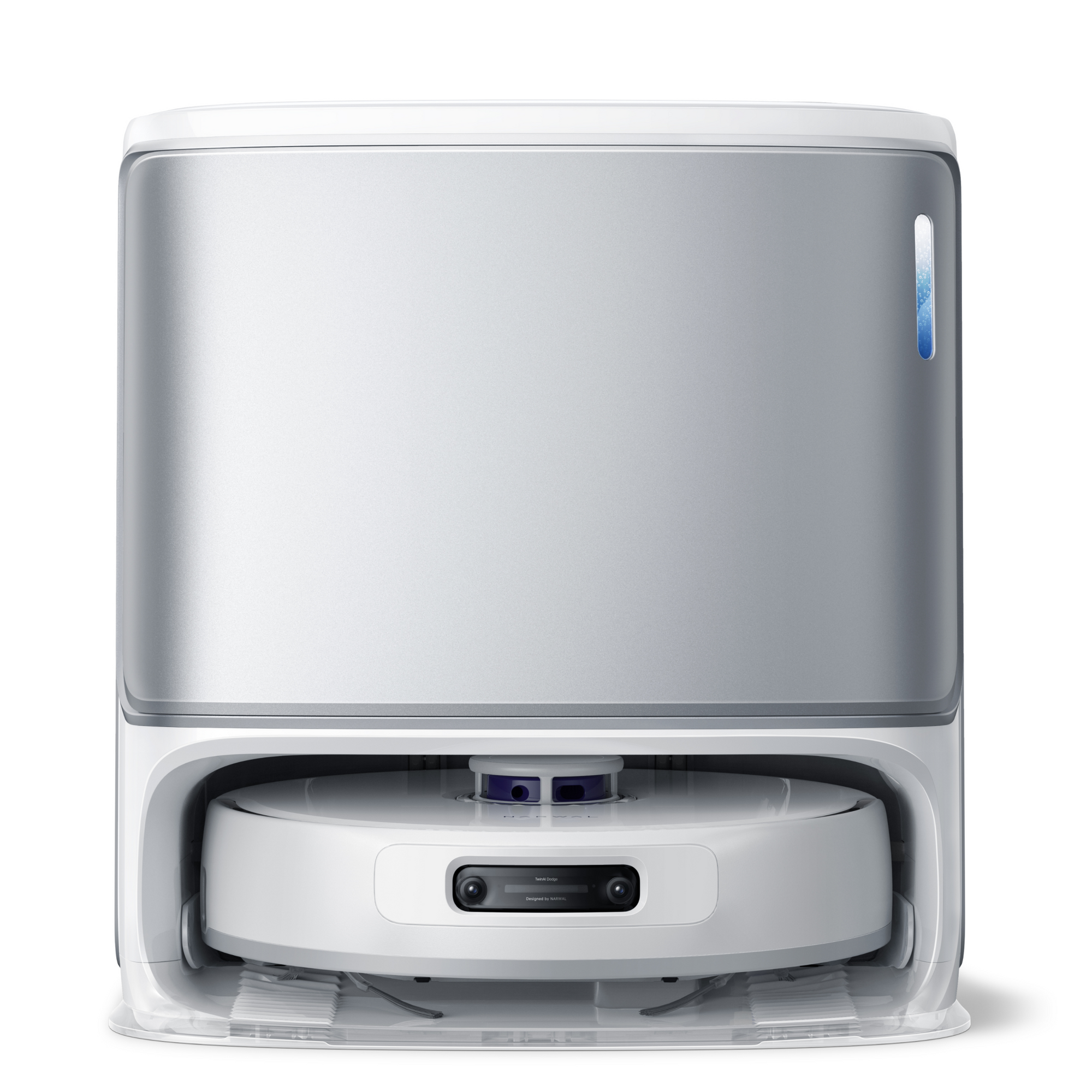 This is a slivery color narwal freo z ultra robot vacuum and mop product in the white background.