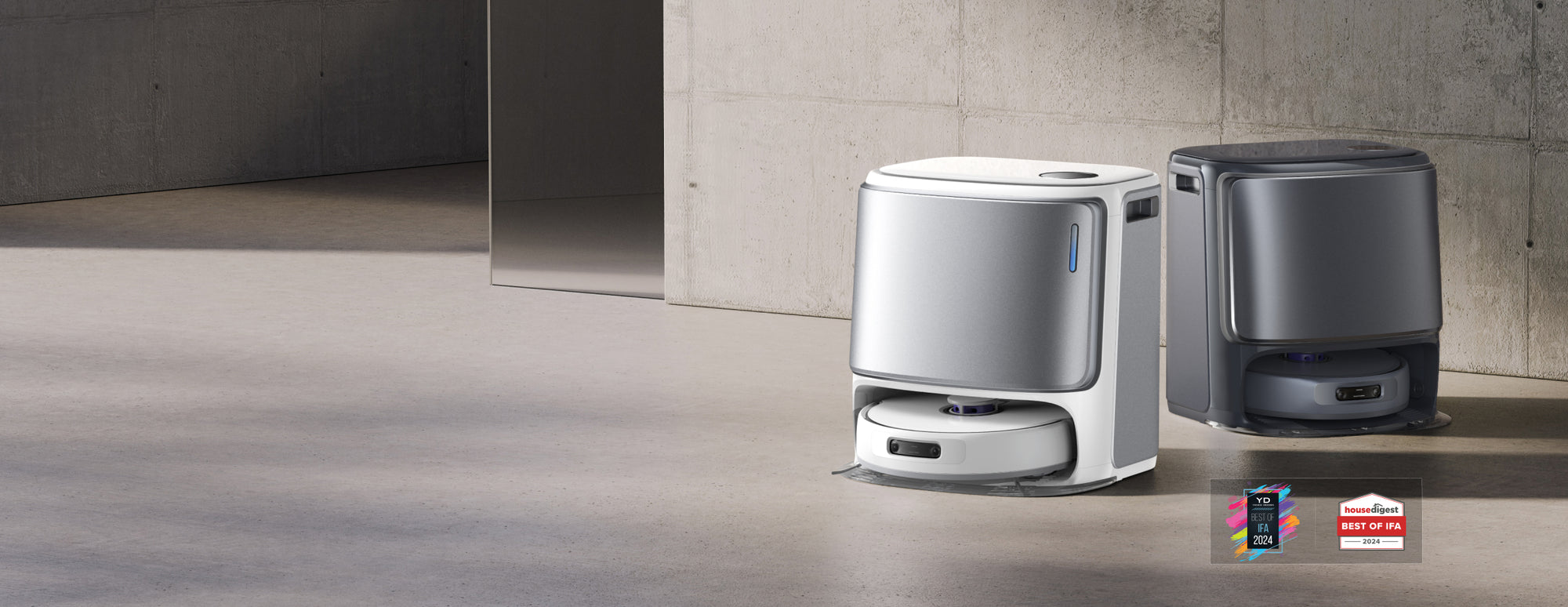 Narwal robot vacuum and mop in white and gray, with award logos (CES 2025, Best of IFA 2024) highlighting innovative design and cleaning capabilities.