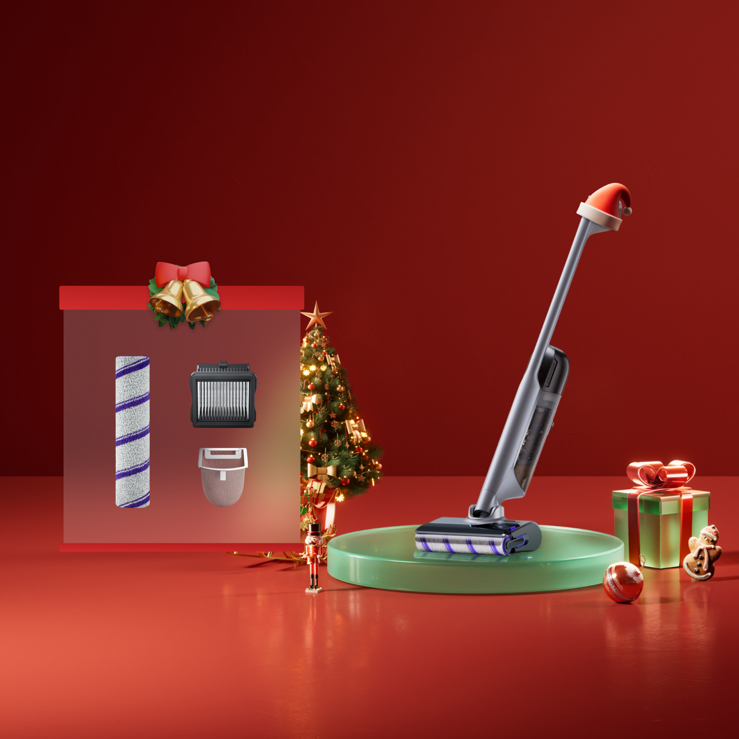 Narwal S30 Pro wet dry vacuum featured in festive holiday scene with decorations and gift elements.