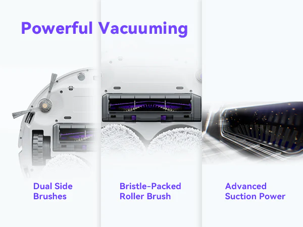 Narwal Freo Versatile Self Mop Clean Robot features powerful vacuuming with three components: Dual Side Brushes (left), Bristle-Packed Roller Brush (middle), and Advanced Suction Power (right), designed to enhance cleaning efficiency.