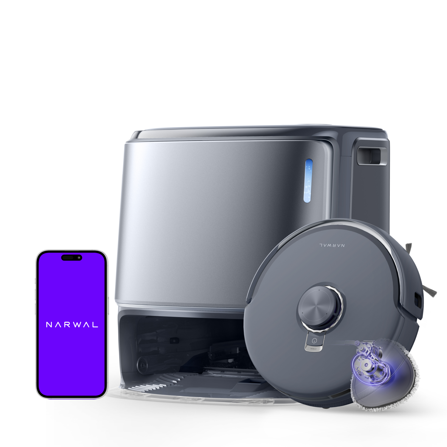 Narwal Freo Z10 Ultra robot vacuum and mop with its base station and smartphone app shown on a clean white background.