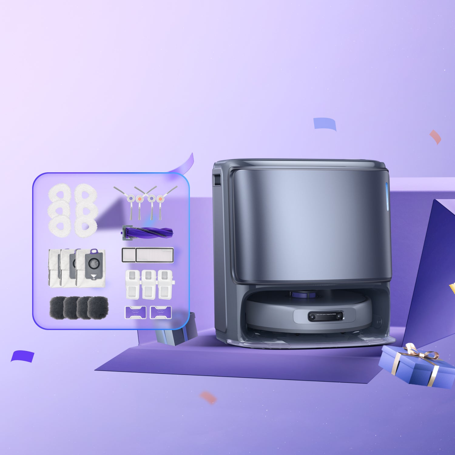 Narwal Freo Z Ultra robot vacuum and mop silver base station showcased on purple background with floating elements.