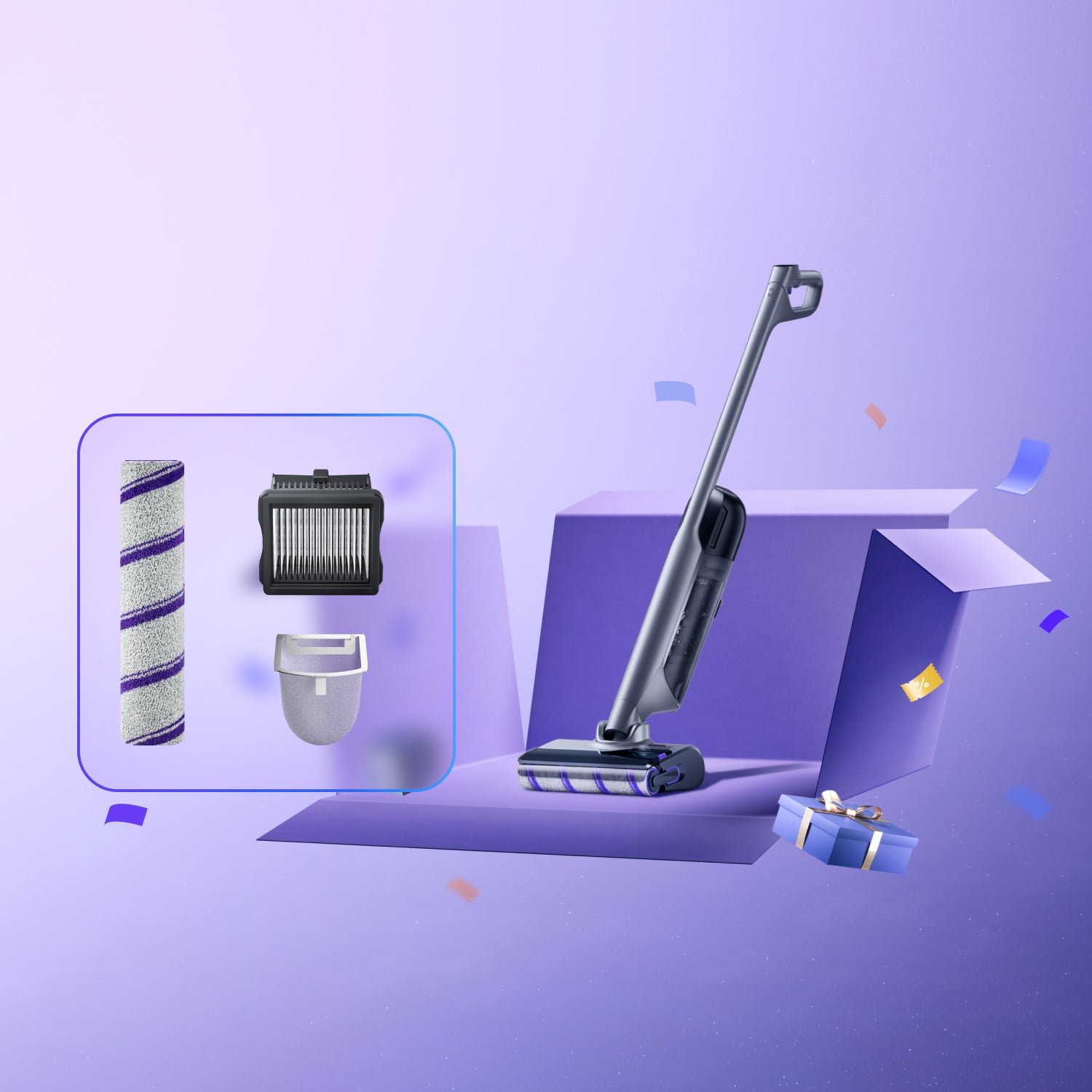 Narwal S30 Pro wet dry vacuum with accessories displayed on purple background for product showcase.
