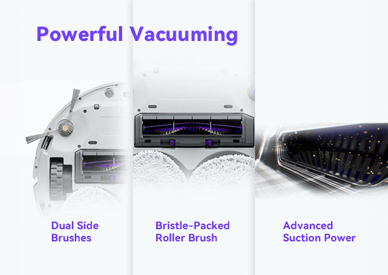 Narwal Freo Versatile Self Mop Clean Robot features powerful vacuuming with three components: Dual Side Brushes (left), Bristle-Packed Roller Brush (middle), and Advanced Suction Power (right), designed to enhance cleaning efficiency.