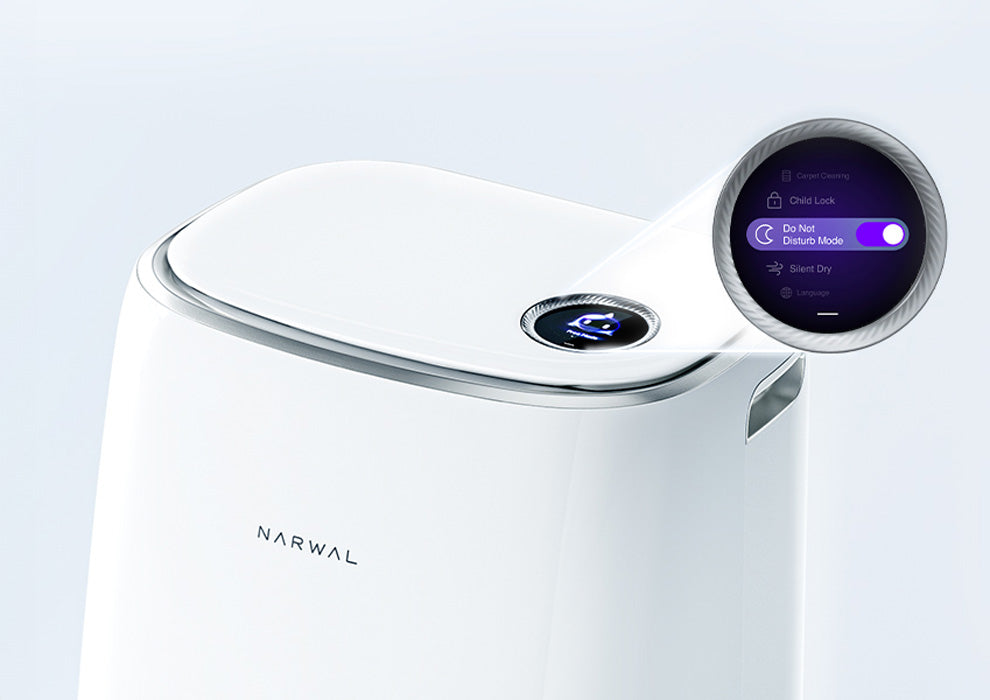 Narwal Freo base station with smart touch control, featuring Do Not Disturb mode and child lock.