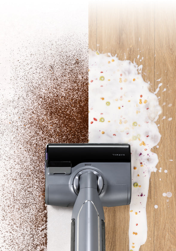 The Narwal S20 Pro cordless vacuum mop is cleaning the floor wet and dry dust.