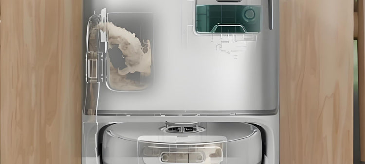 Vue en coupe d'une station de nettoyage robotisée avec flux de fluide visible — révèle la meilleure solution de nettoyage et ce qu'il faut éviter d'utiliser à l'intérieur.