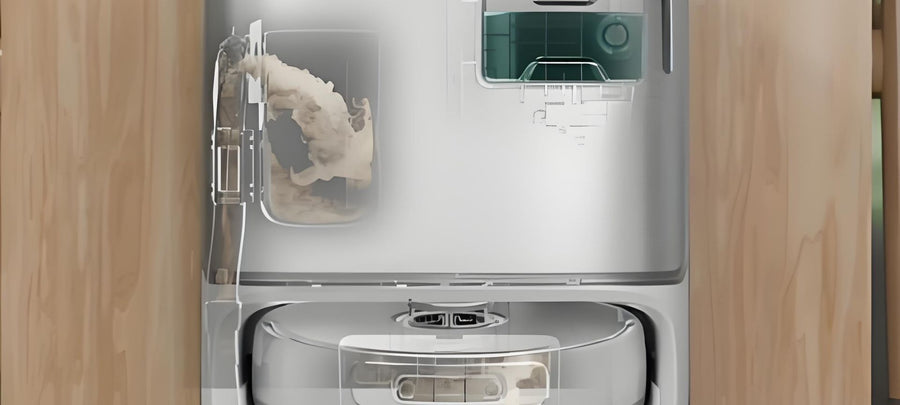 Vue en coupe d'une station de nettoyage robotisée avec flux de fluide visible — révèle la meilleure solution de nettoyage et ce qu'il faut éviter d'utiliser à l'intérieur.