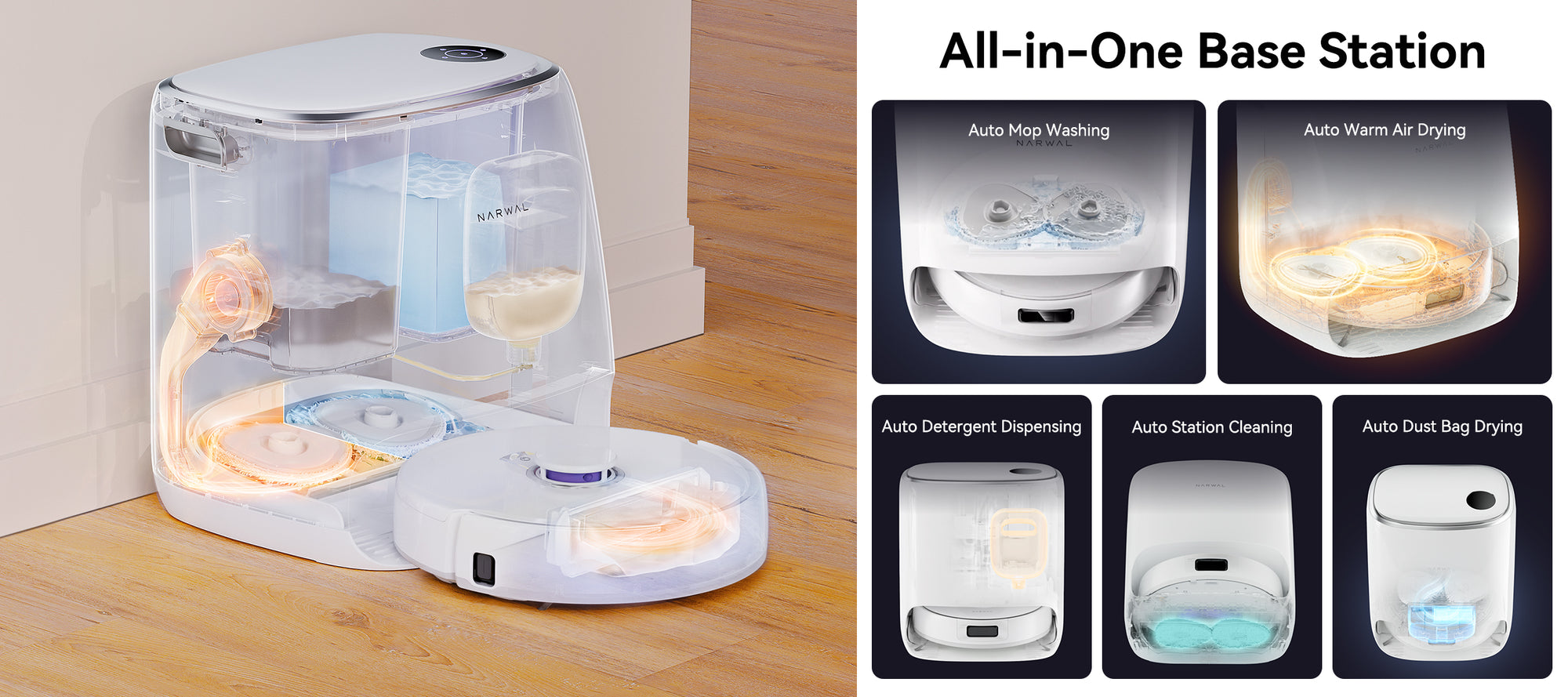 Narwal Freo X Ultra robot vacuum and mop with intelligent mop washing and automatic detergent dispensing system.