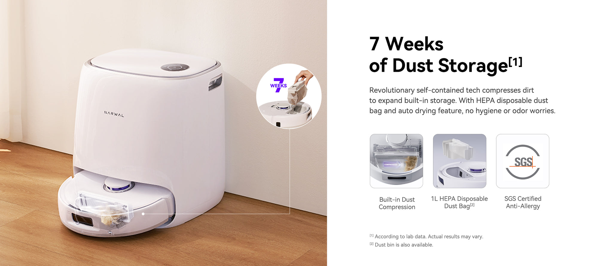 Narwal Freo X Ultra robot vacuum and mop with built-in dust compression and 7-week HEPA dust bag storage.