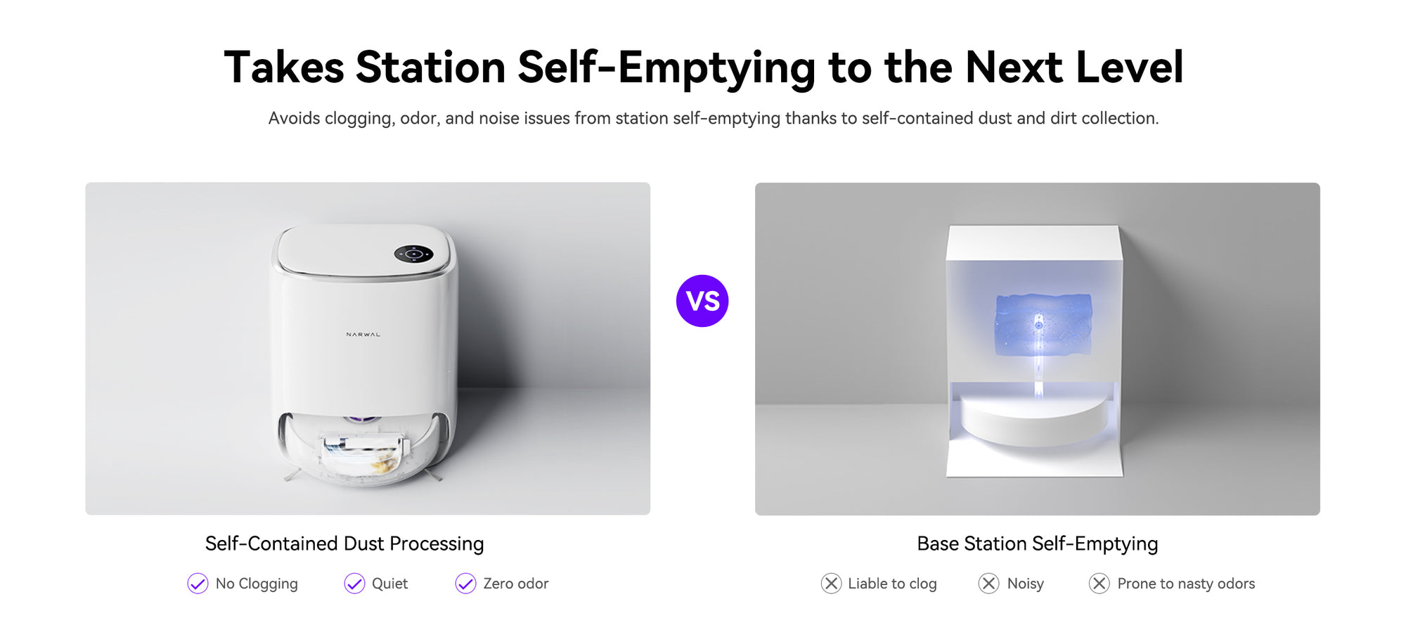 The comparison between narwal freo x ultra and other model robot vacuum in self-emptying.