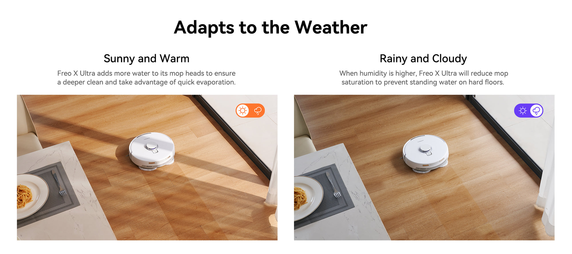 Narwal Freo X Ultra robot vacuum and mop adjusting water usage based on weather conditions for optimized cleaning.