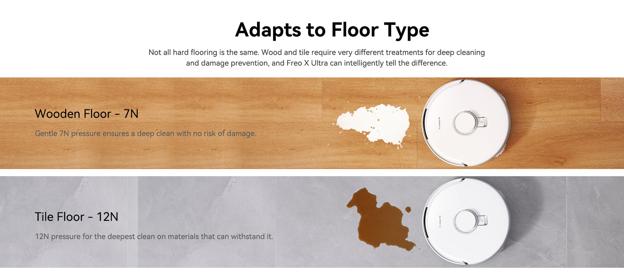 Narwal Freo X Ultra adjusts mop pressure for different floor types.