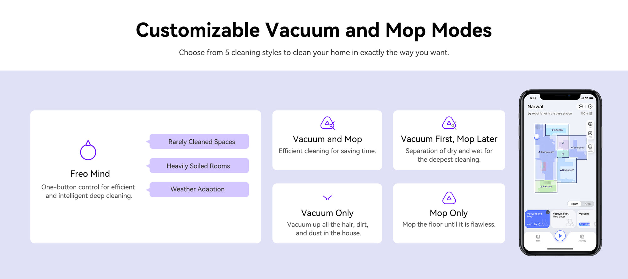 Narwal Freo X Ultra offers customizable vacuum and mop modes via app.