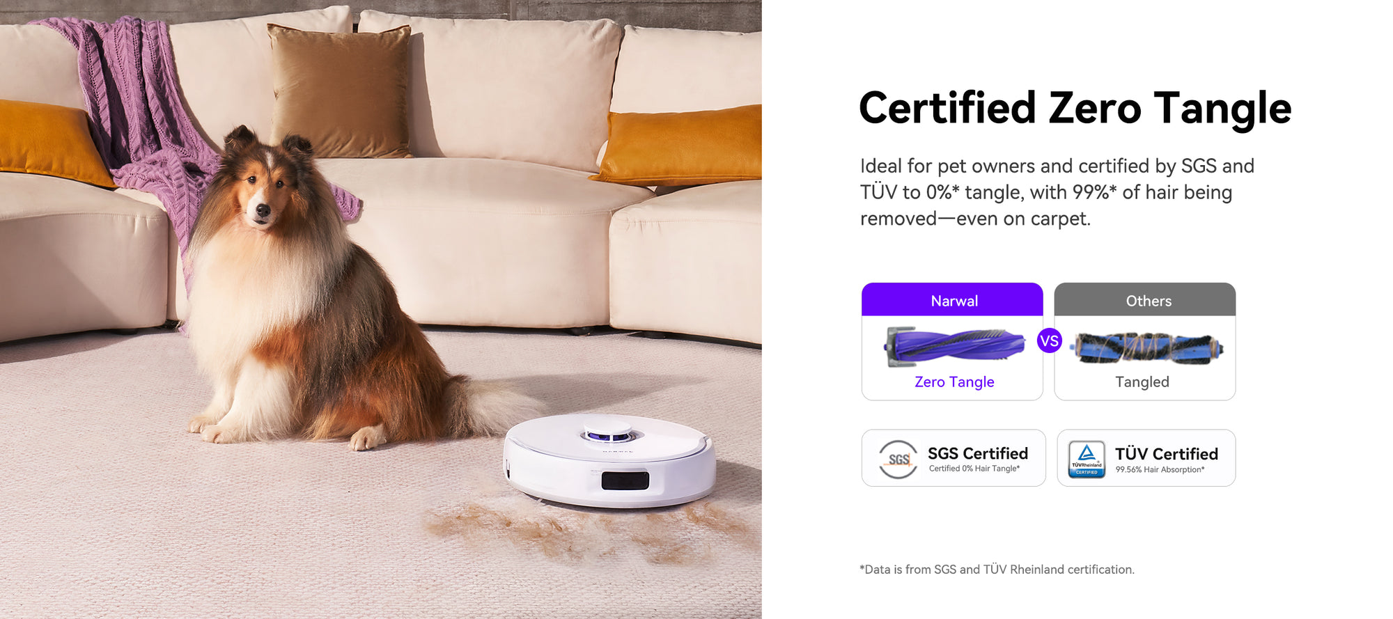 Narwal Freo X Ultra robot vacuum and mop with certified zero-tangle brush, ideal for pet hair removal on carpets.