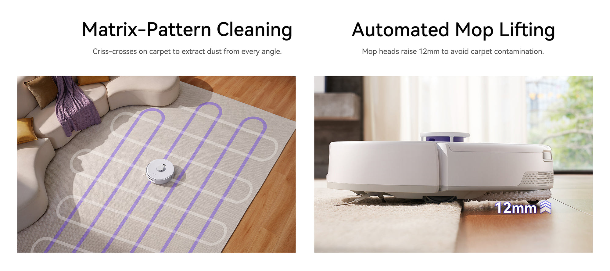 Narwal Freo X Ultra robot vacuum and mop with matrix-pattern cleaning and 12mm automatic mop lifting for efficient carpet cleaning.