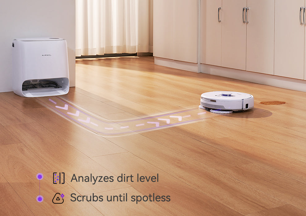 Narwal Freo X Ultra robot vacuum and mop using DirtSense™ technology to analyze dirt levels and scrub until spotless.