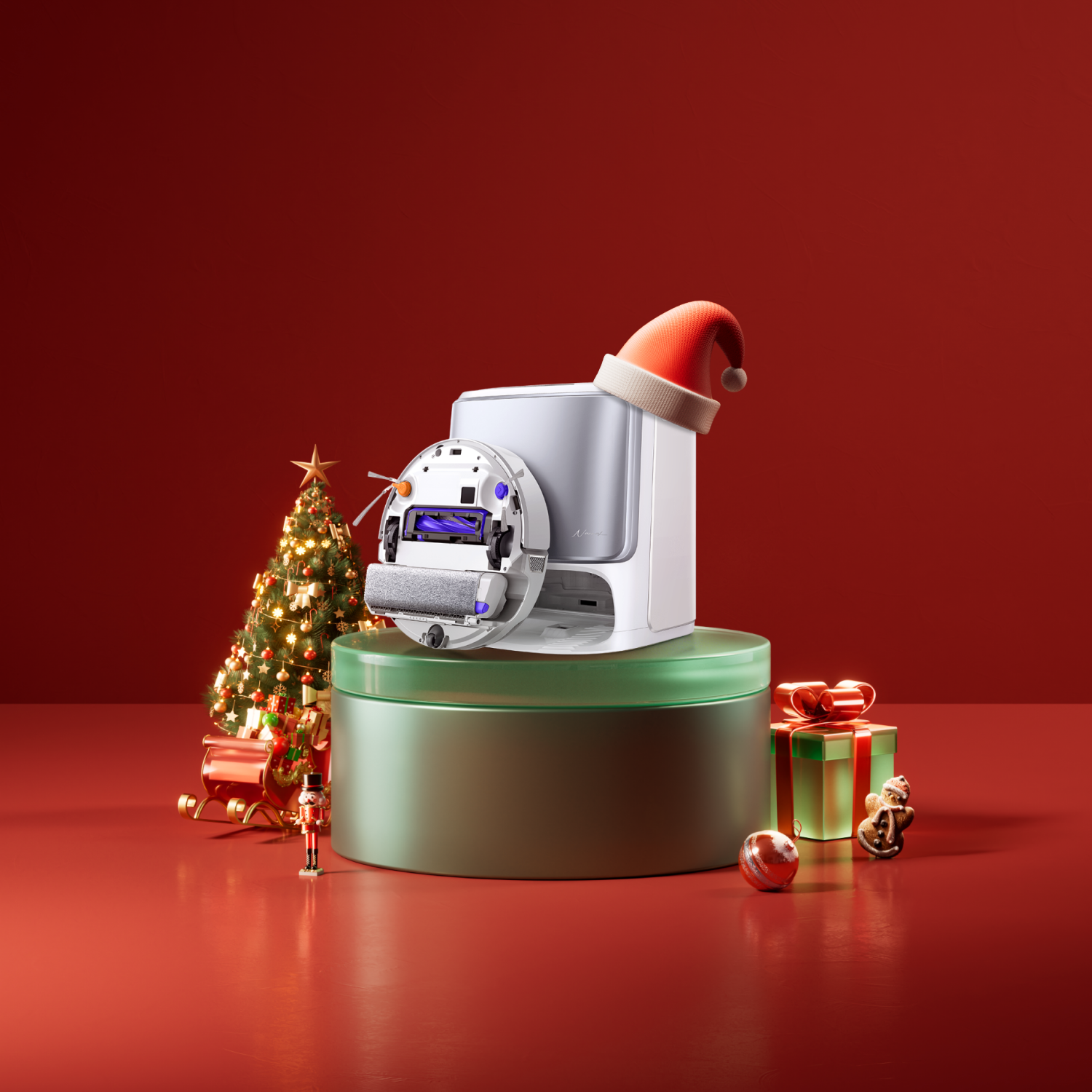 Aspirateur et laveur de sols robots Narwal Flow présentés avec des décorations de Noël sur un fond festif.