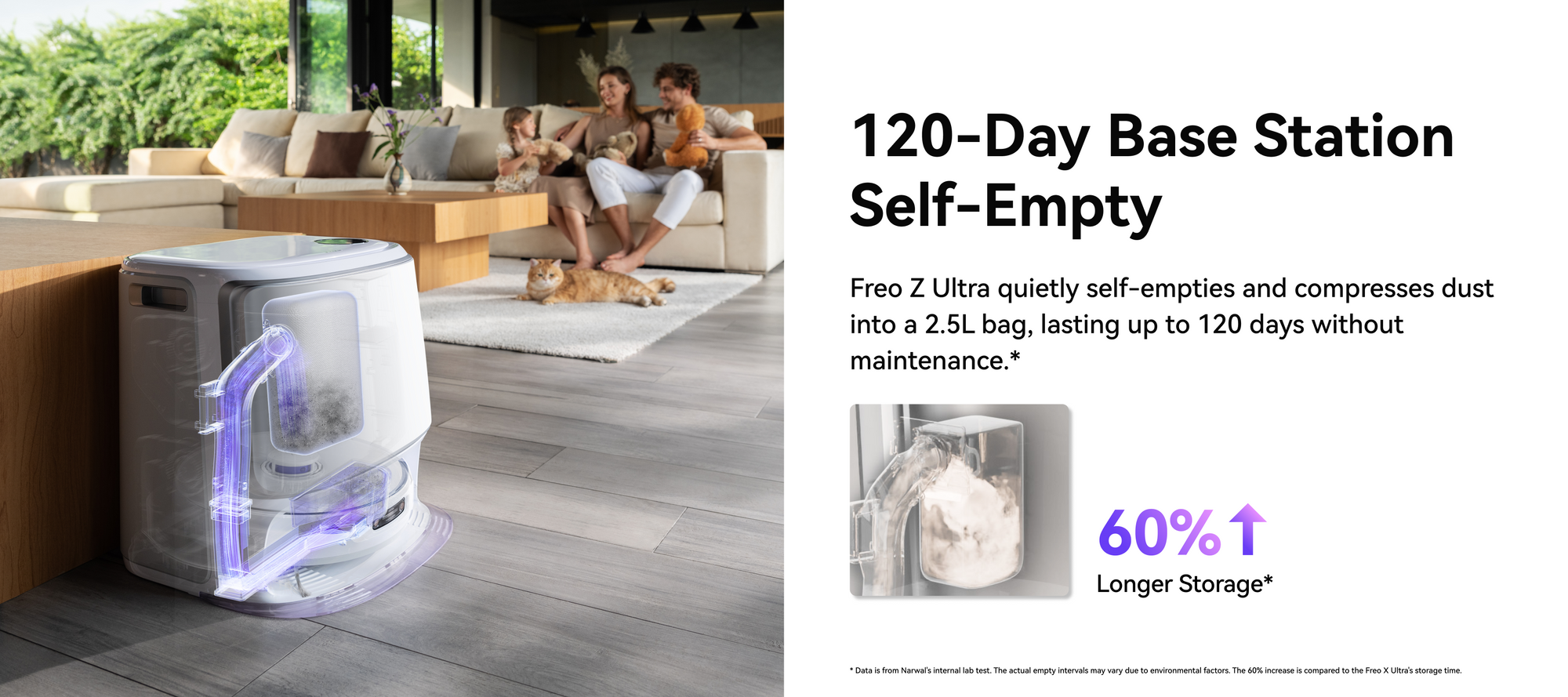 Narwal Freo Z Ultra with 120-day self-empty base station and 40% longer storage.