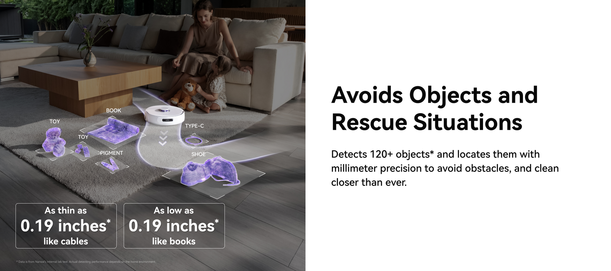 Narwal freo z ultra robot vacuum identifying and avoiding objects as small as 5mm with millimeter precision.