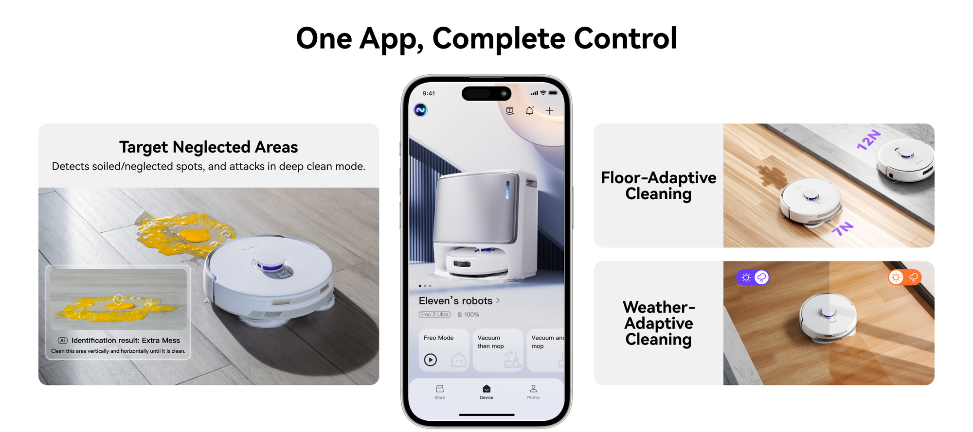 Narwal freo z ultra robot vacuum with app control for targeting neglected areas and adaptive cleaning modes.