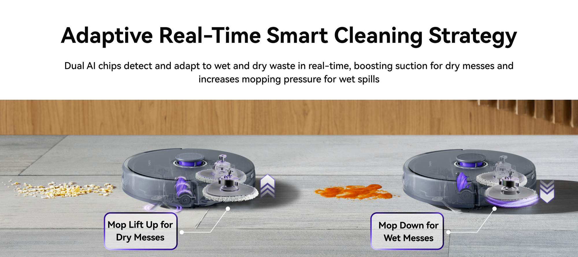 Narwal freo z ultra robot vacuum with adaptive real-time smart cleaning strategy for wet and dry messes.