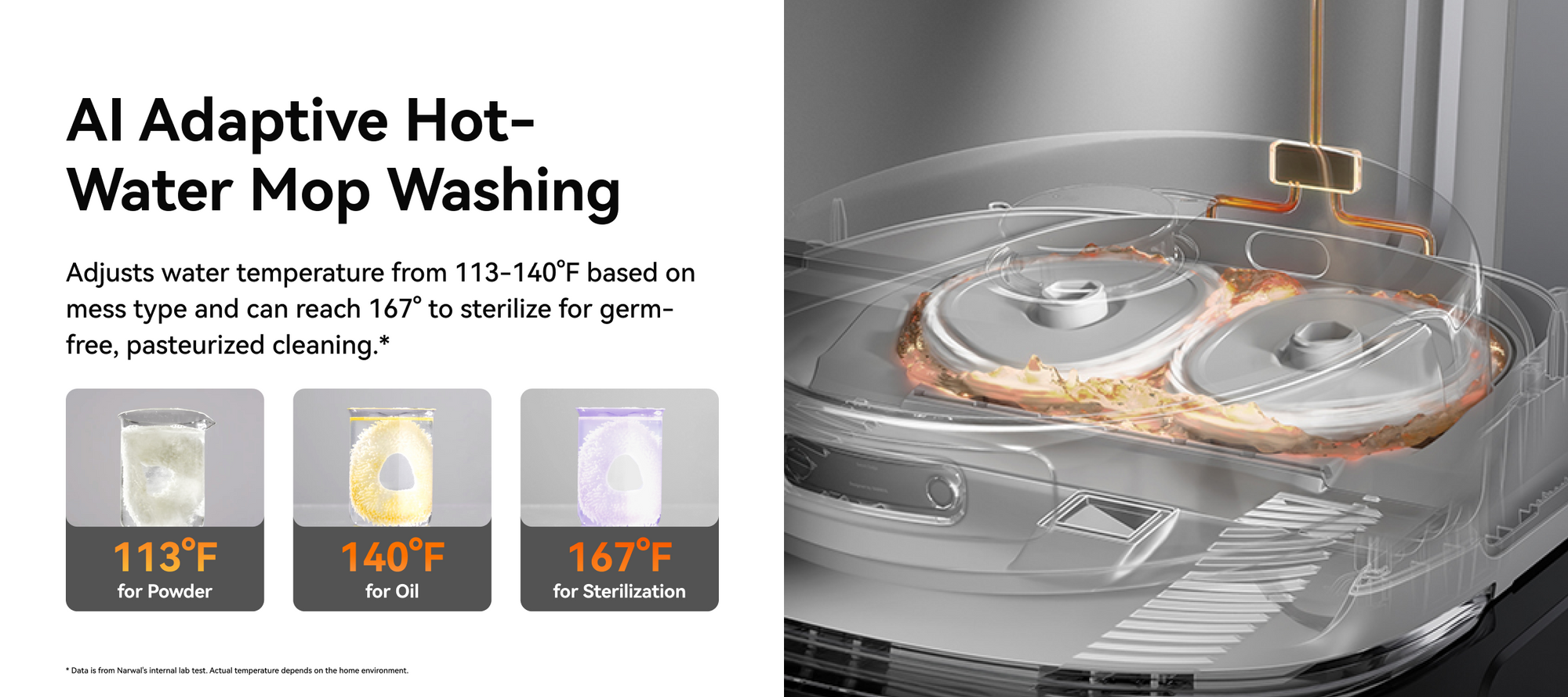 Narwal AI adaptive hot-water mop washing with temperature control.