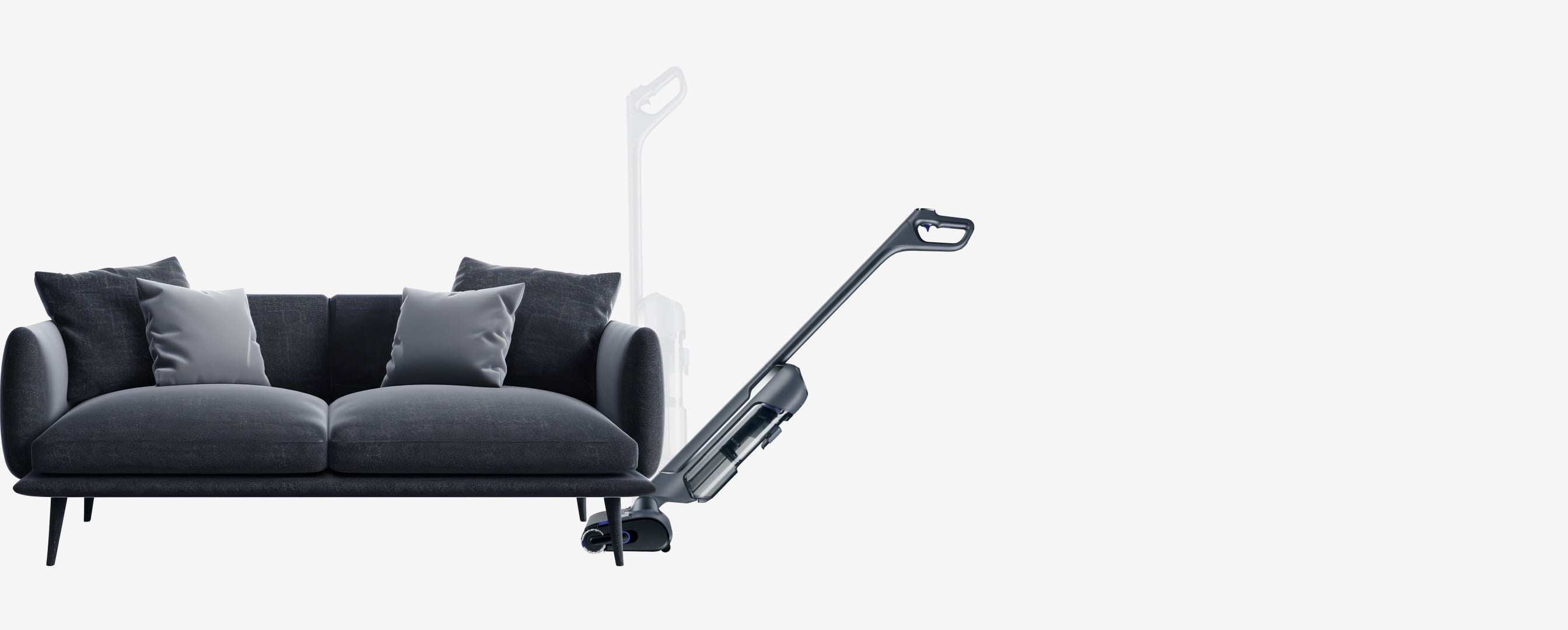 Narwal S20 Pro cordless vacuum mop easily maneuvering around a modern sofa, ideal for cleaning under furniture and tight spaces.
