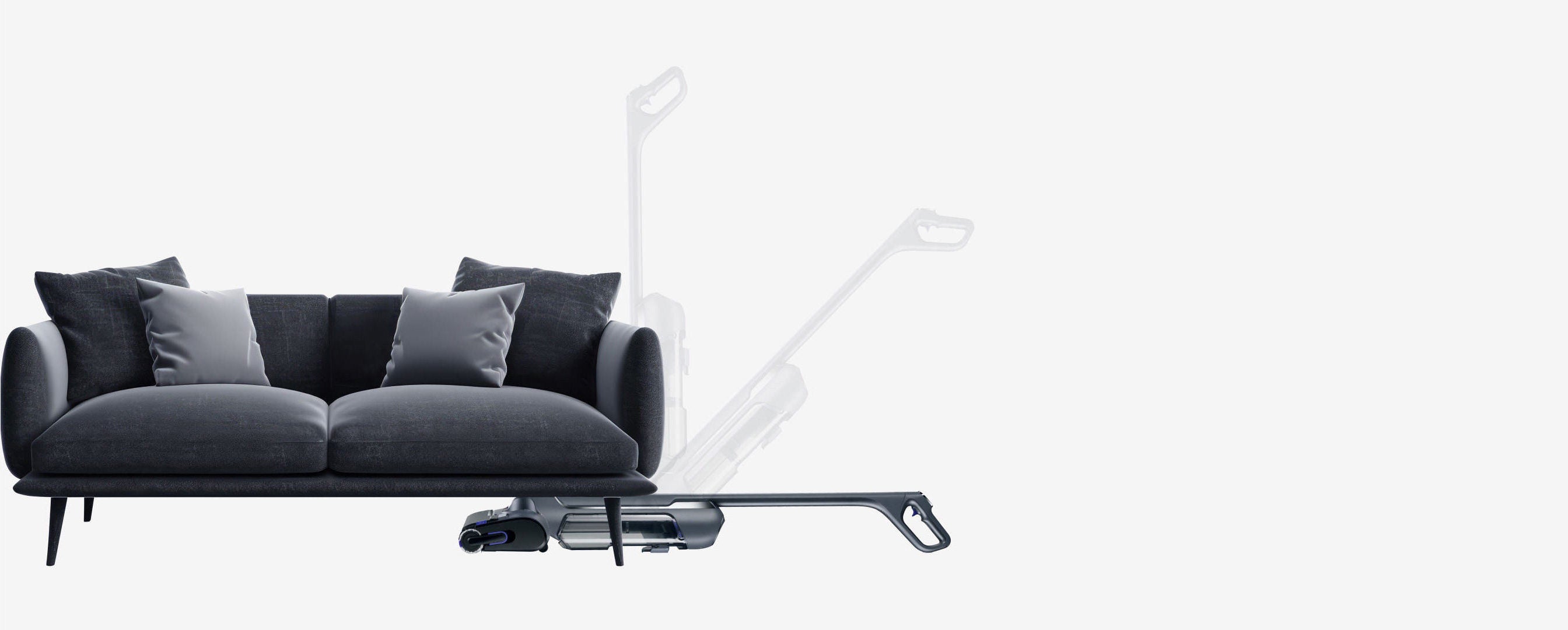 Narwal S20 Pro cordless vacuum mop smoothly sliding under a modern sofa for efficient cleaning of hard-to-reach areas.