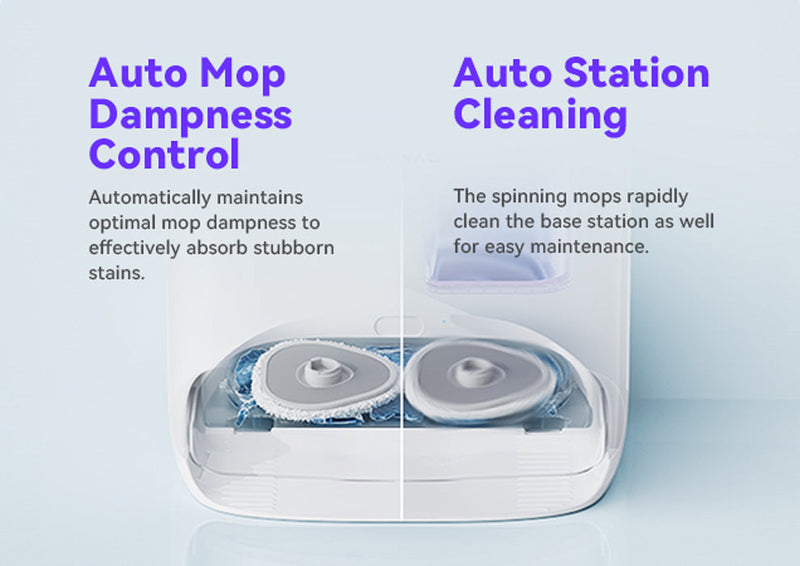 Narwal Freo Versatile Self Mop Clean Robot's Auto Mop Dampness Control feature on the left, maintaining optimal mop moisture for cleaning stubborn stains, and Auto Station Cleaning feature on the right, where spinning mops clean the base station for easy maintenance.