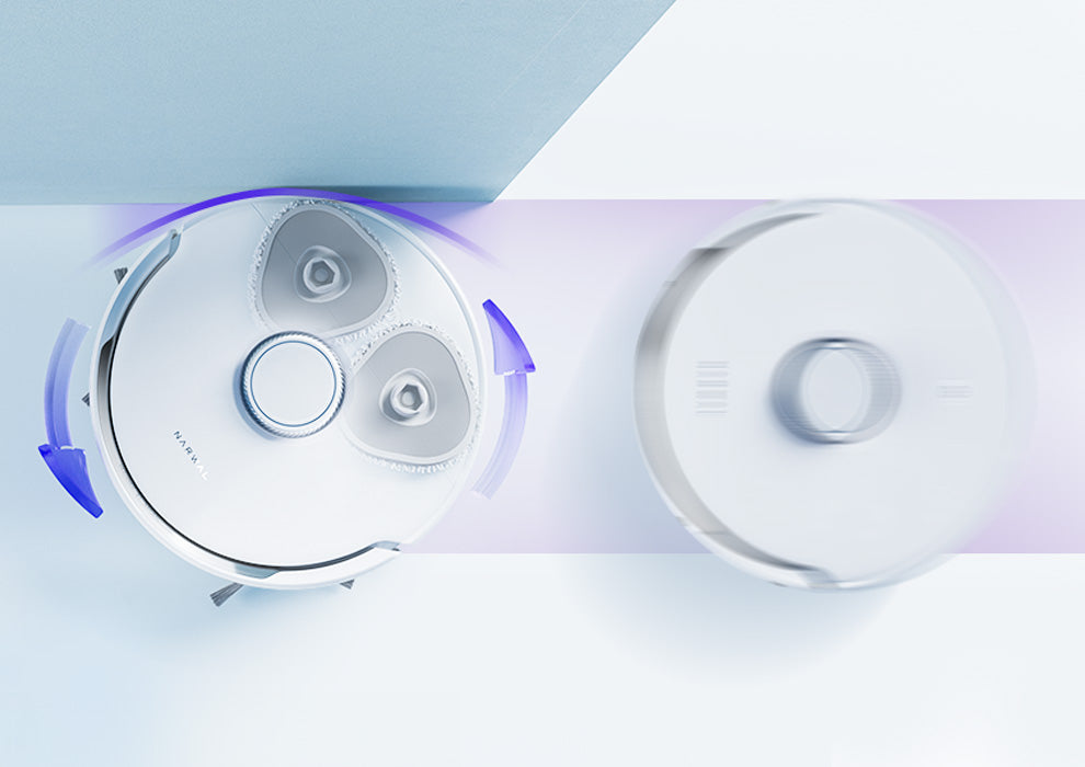 Narwal Freo Versatile Self Mop Clean Robot in action, showcasing its two spinning mop pads on the left and the sleek, rotating design of the robot on the right, effortlessly cleaning along edges.