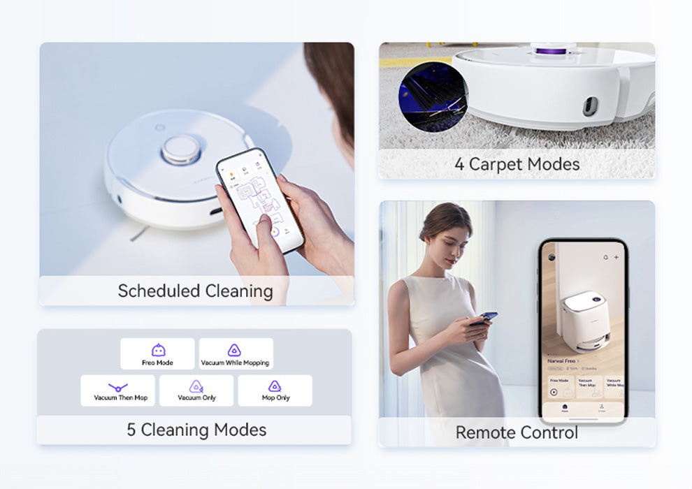 Narwal Freo smart robot vacuum with scheduled cleaning, remote control, and 5 cleaning modes.