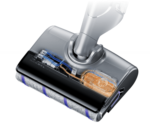 Narwal S20 Pro cordless vacuum mop showing internal components and self-cleaning system for efficient cleaning.