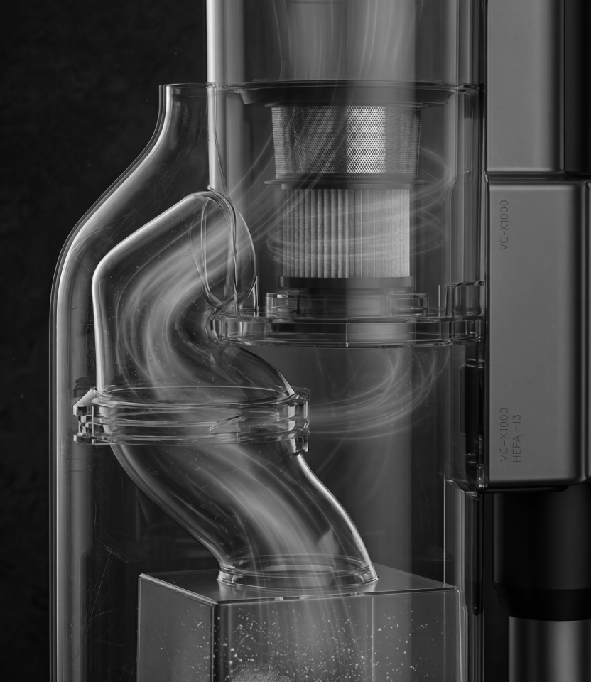 Comparison vacuum with a curved dust emptying airflow path