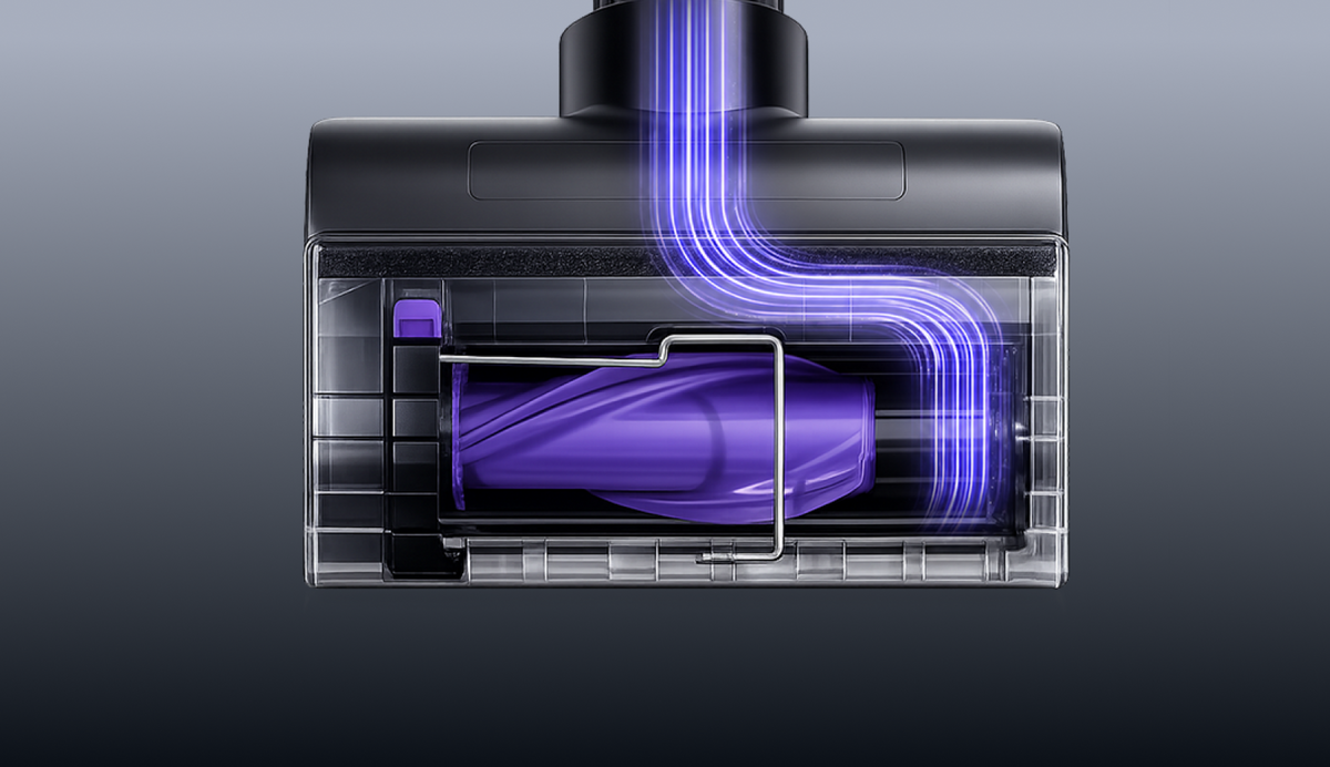 Underside of the Narwal V50 Cube motorized hand tool with airflow illustration