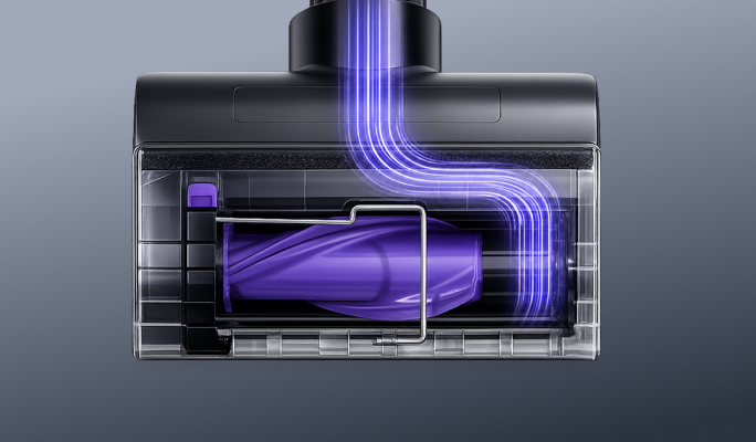Underside of the Narwal V50 Cube motorized hand tool with airflow illustration