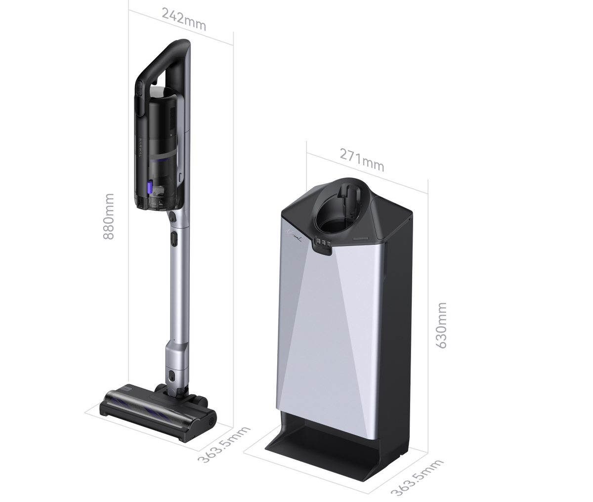 Dimensions diagram of the Narwal V50 Cube vacuum and auto-empty dock