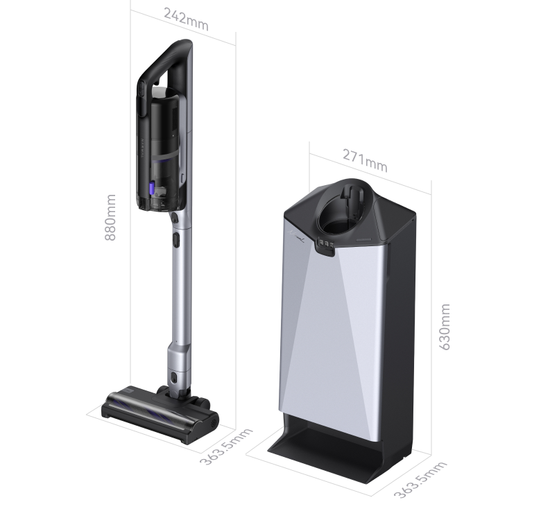 Dimensions diagram of the Narwal V50 Cube vacuum and auto-empty dock
