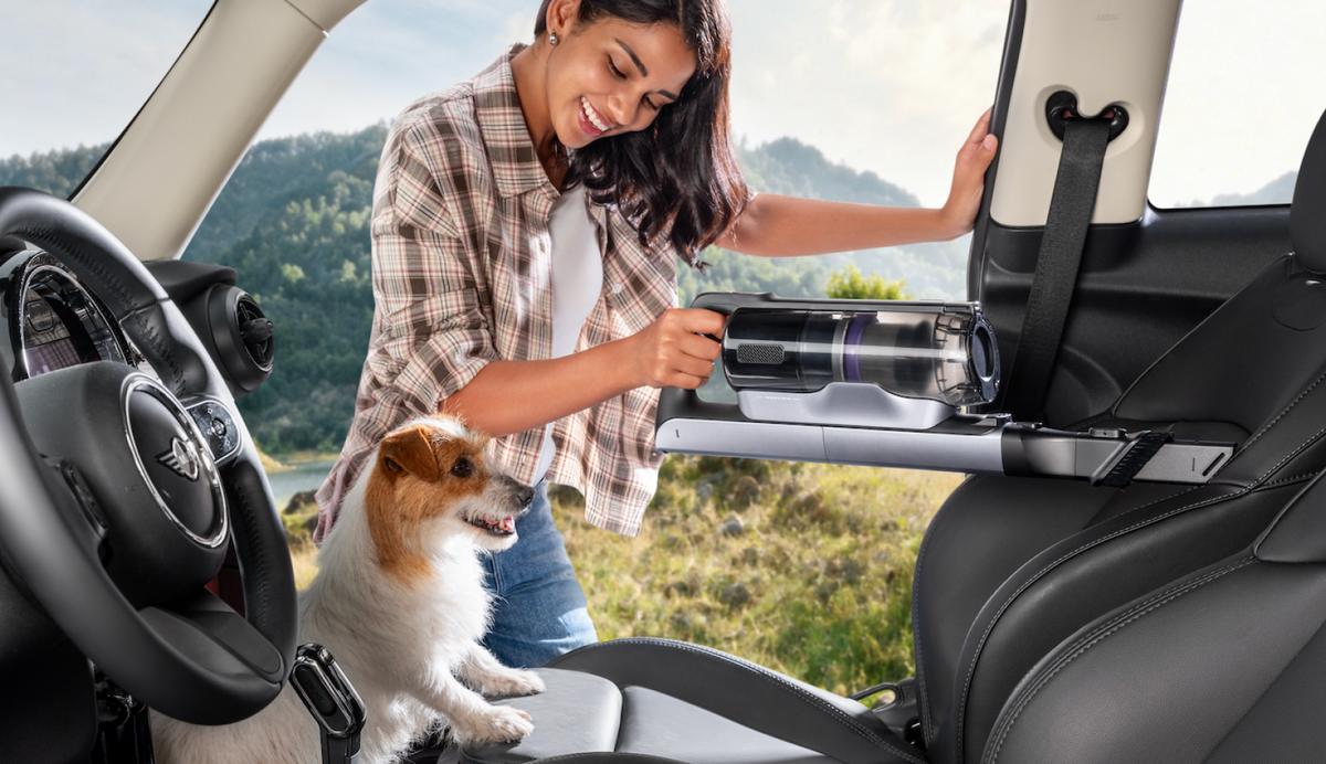 Woman cleaning a car interior with the Narwal V50 Cube crevice tool beside a dog
