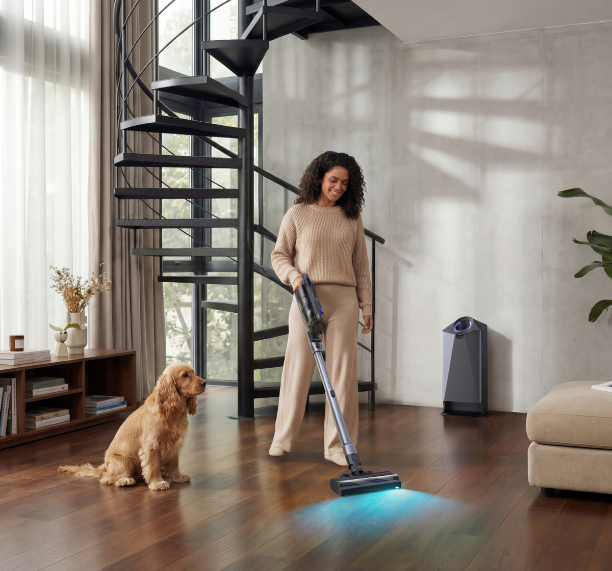 Woman vacuuming with the Narwal V50 Cube near a staircase and dog