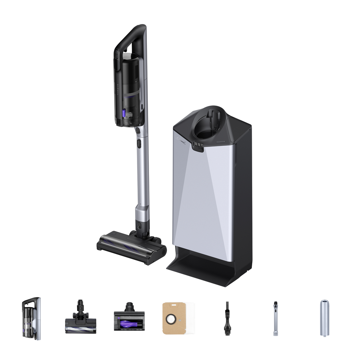 Narwal cordless vacuum, auto-empty dock, and included accessories