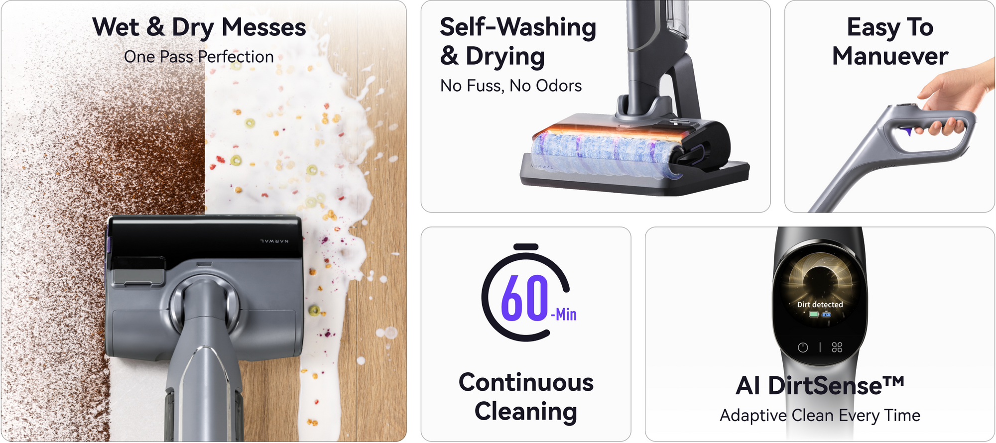Narwal S20 cordless vacuum mop  for wet & dry messes with self-washing, 60-min runtime, easy maneuvering, and AI DirtSense™ for adaptive cleaning.