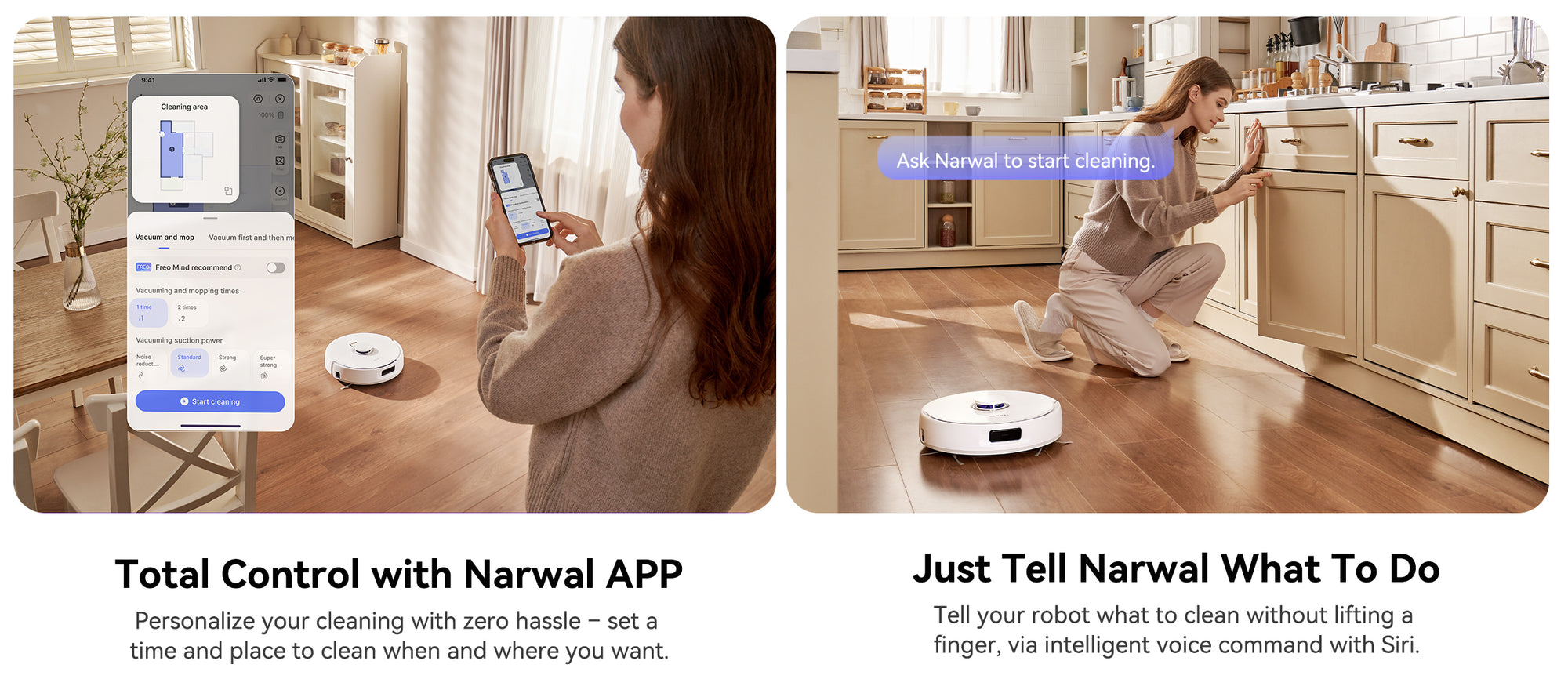 Narwal Freo X Plus Robot Vacuum and Mop controlled via app and voice command. On the left, a person sets cleaning preferences through the app; on the right, the vacuum starts cleaning with a voice command.
