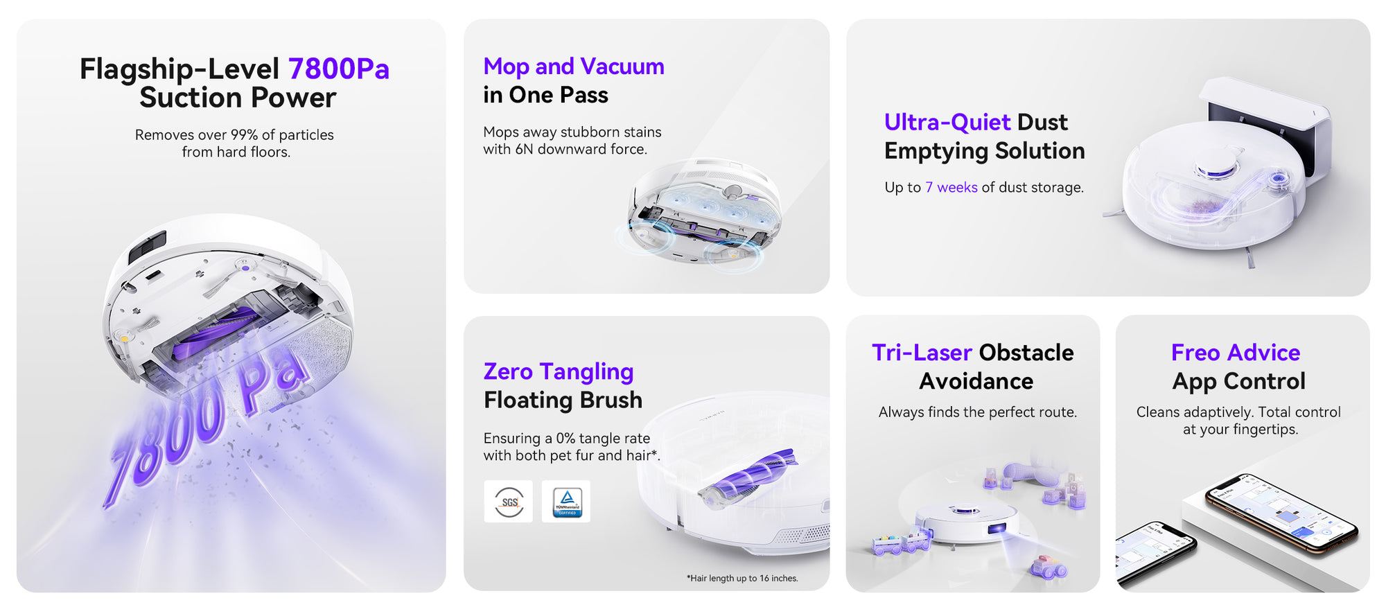 Narwal Freo X Plus robot vacuum and mop with 7800Pa suction power, auto-empty dustbin, tangle-free floating brush, tri-laser obstacle avoidance, and smart app control for adaptive cleaning.