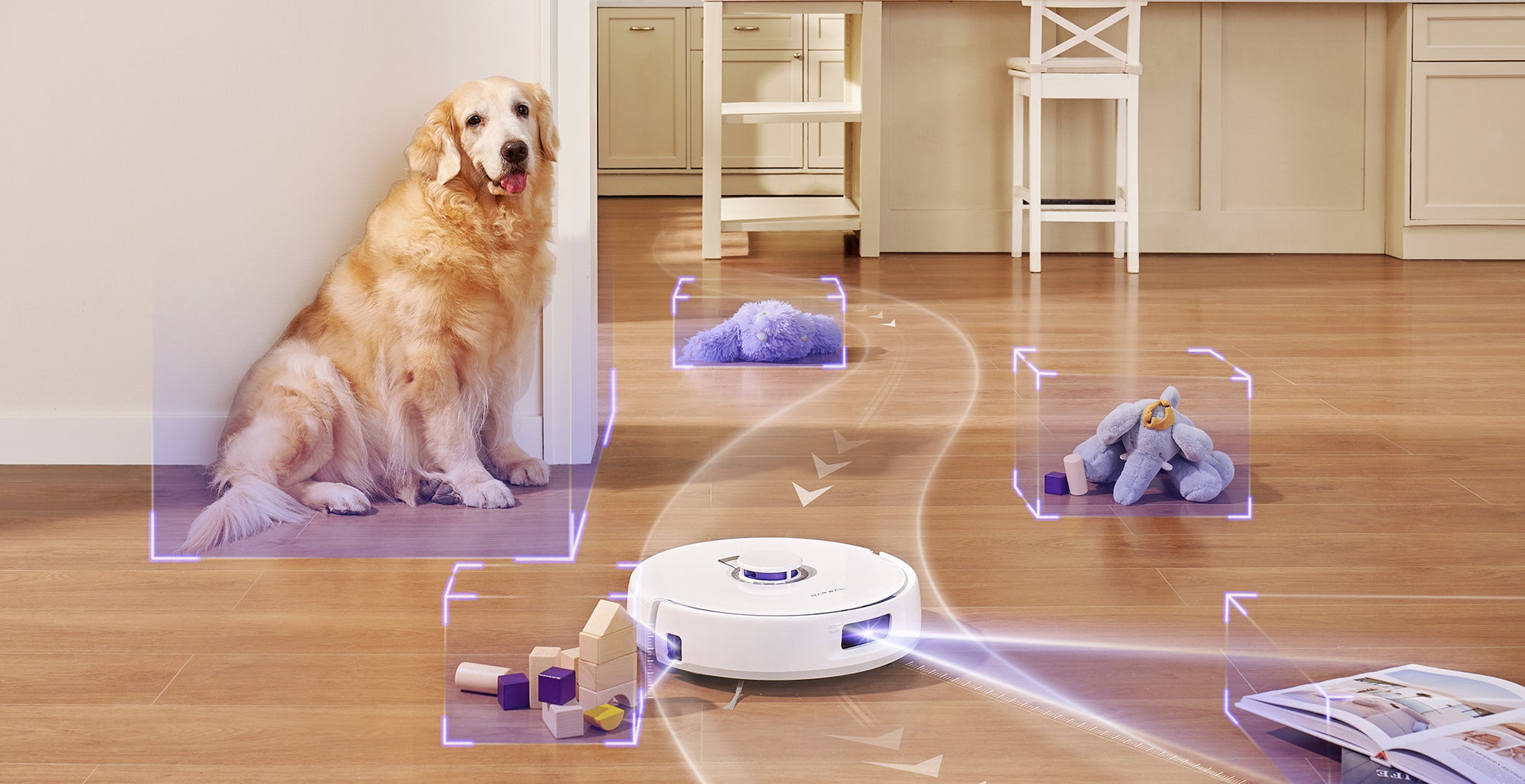 Narwal Freo X Ultra robot vacuum avoiding obstacles like pet toys and slippers using tri-laser technology, with a dog in the scene.