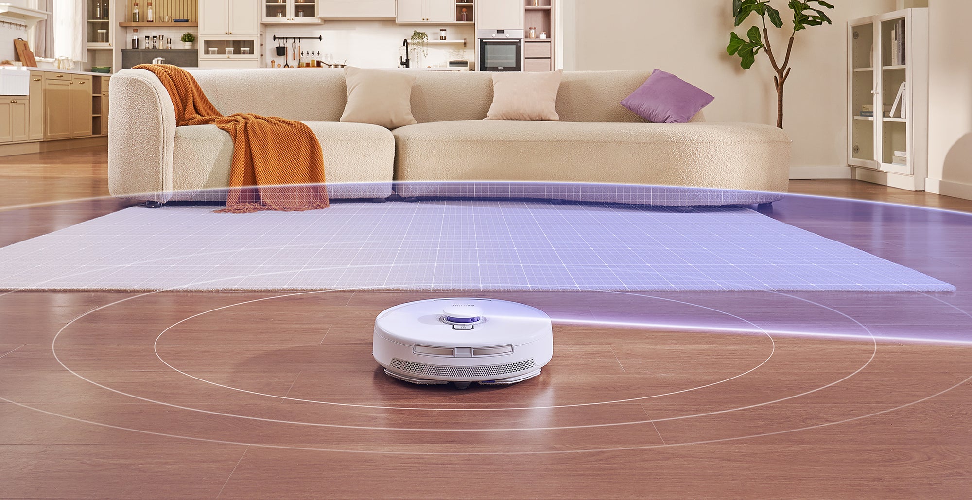The Narwal Freo X Plus Robot Vacuum and Mop navigating a living room with a light-colored rug, using its advanced navigation system to clean the floor efficiently.